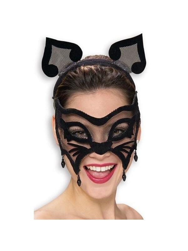 Black Cat Venetian Mask & Ears-COSTUMEISH